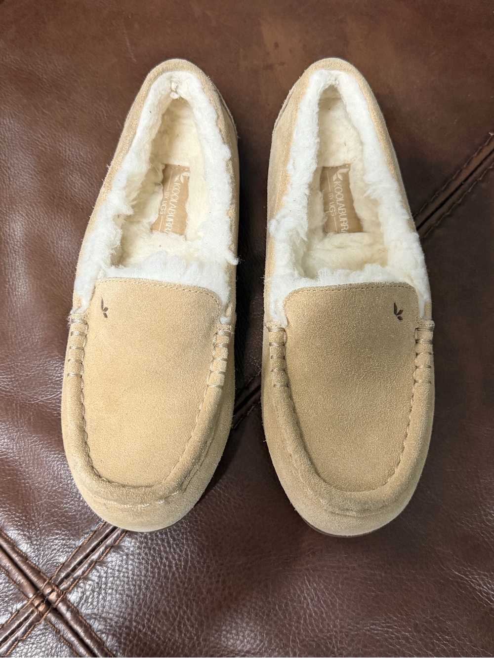 Kookaburra Ugg Faux-Shearling Suede Moccasin Slippers - Tan sz6….EUC if used.113